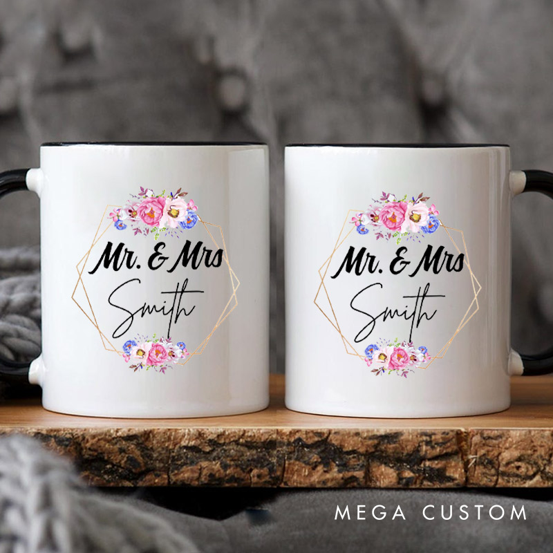 Personalized Geometric Frame with Watercolor Floral Mr and Mrs Wedding Couple Mugs