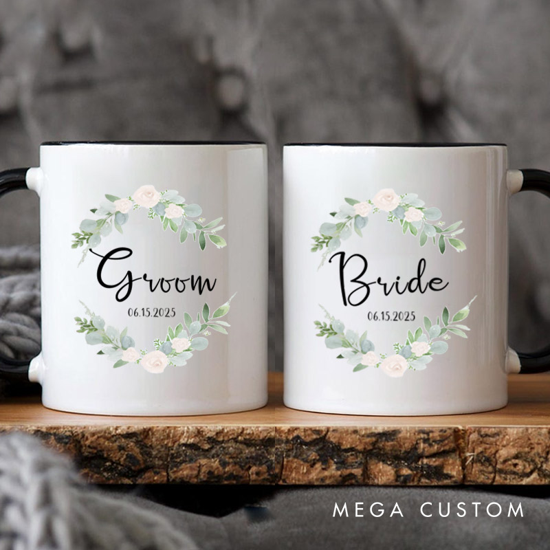Personalized Elegant Floral Wreath Bride and Groom Matching Wedding Couple Mugs