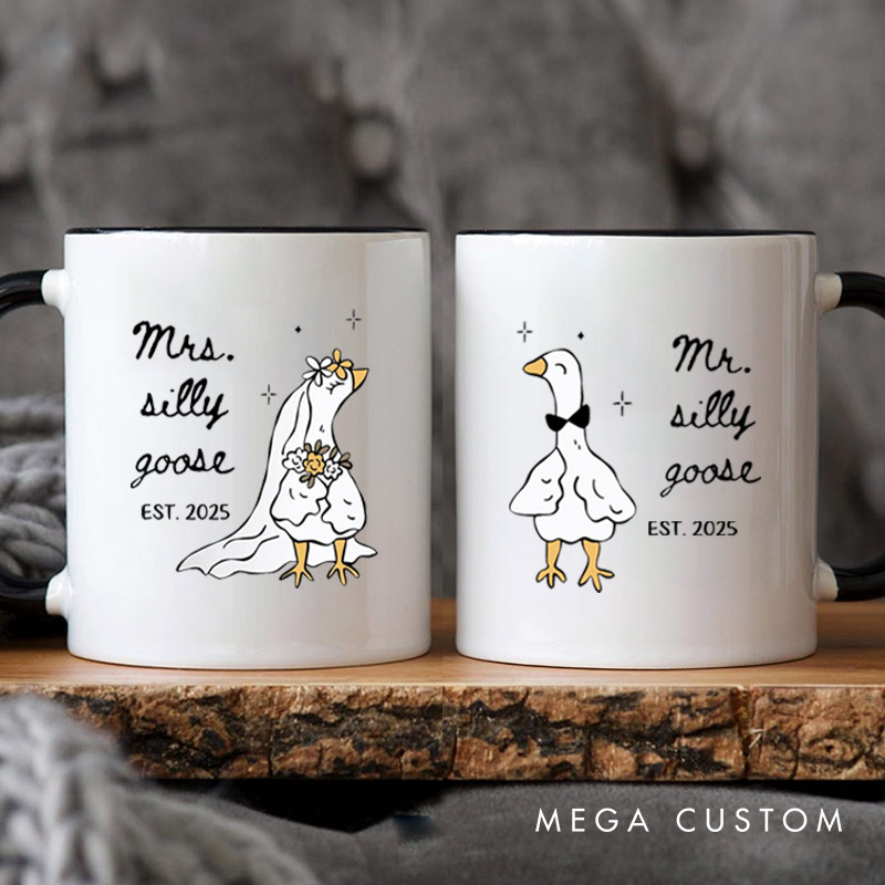 Personalized Funny Mr and Mrs Silly Goose Matching Wedding Couple Mugs