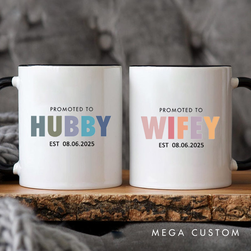 Personalized Playful Promoted to Hubby and Wifey Matching Wedding Couple Mugs