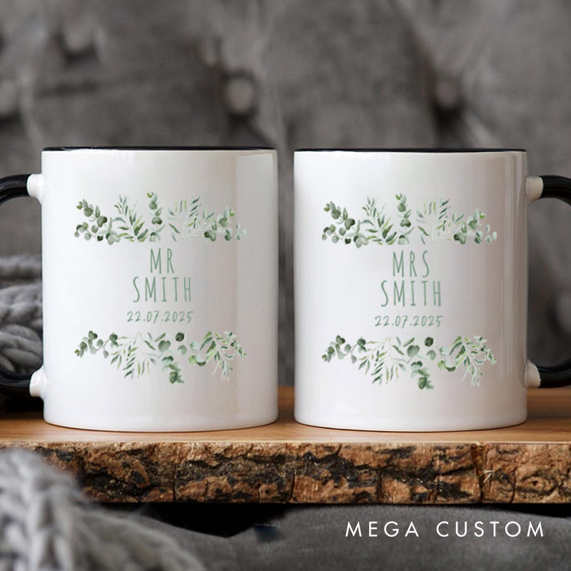 Personalized Elegant Botanical Mr and Mrs Wedding Couple Mugs
