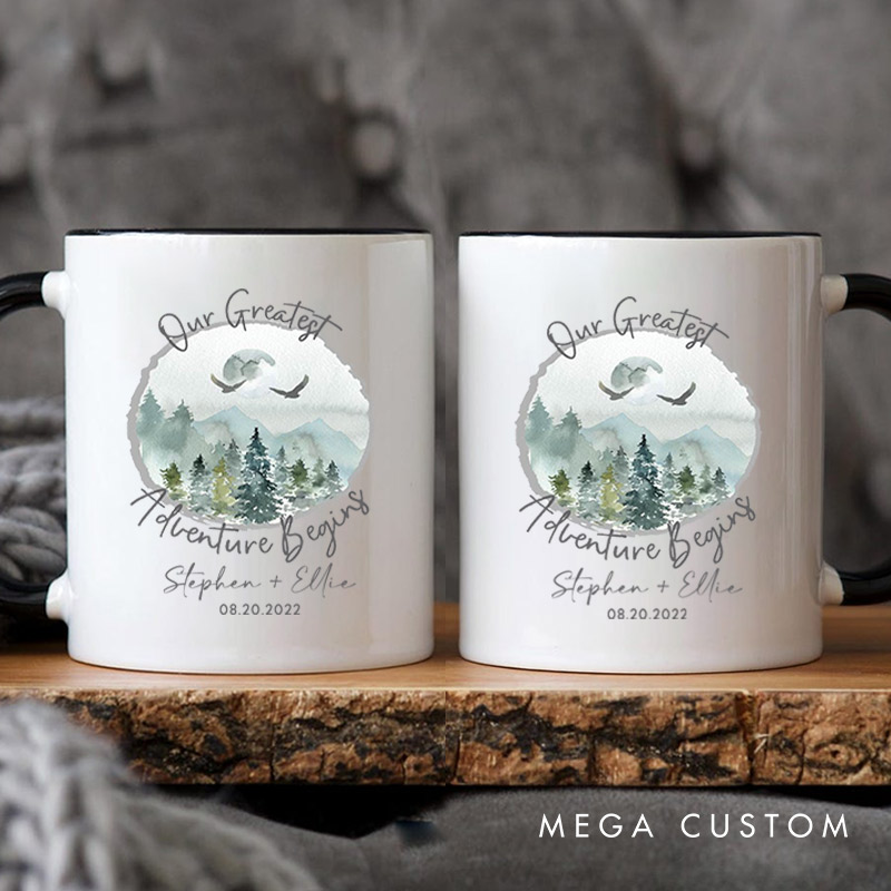 Personalized Romantic Nature Our Greatest Adventure Begins Wedding Couple Mugs