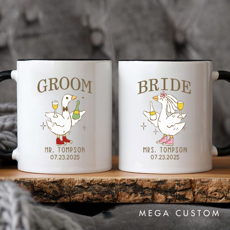 Personalized Lively Bride and Groom Silly Goose with Champagne Matching Wedding Couple Mugs