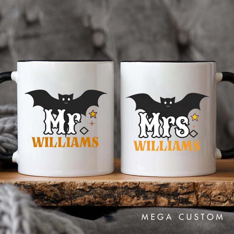 Personalized Mr. and Mrs. Bat Design with Halloween Theme Couple Mugs 