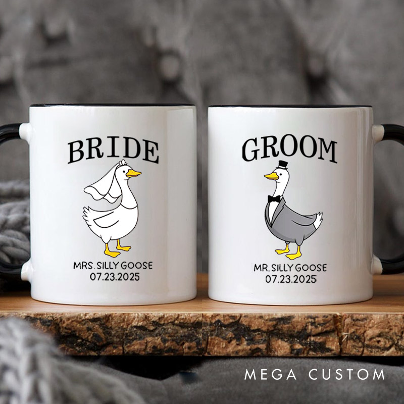 Personalized Bride and Groom Silly Goose Mr and Mrs Matching Wedding Couple Mugs