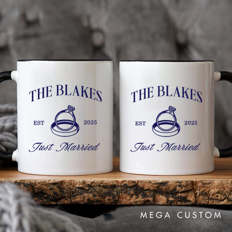 Personalized Elegant Just Married Wedding Rings Newlyweds Wedding Couple Mugs