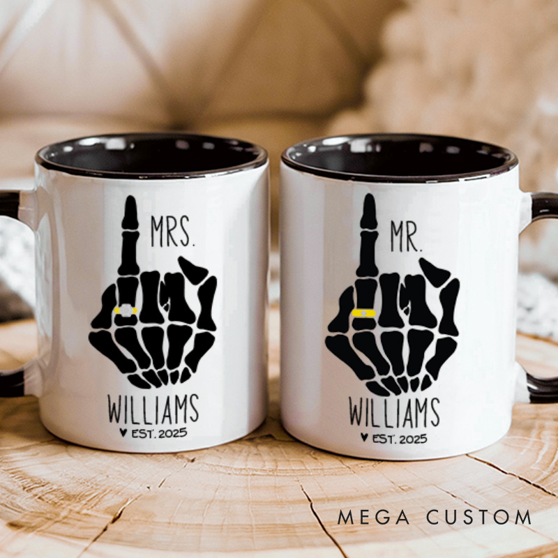 Personalized Couple Wedding Mr. and Mrs. with Skeleton Hand Mug Custom Engagement Mug with Name Valentine's Day Mug for Husband Wife Hubby Wifey
