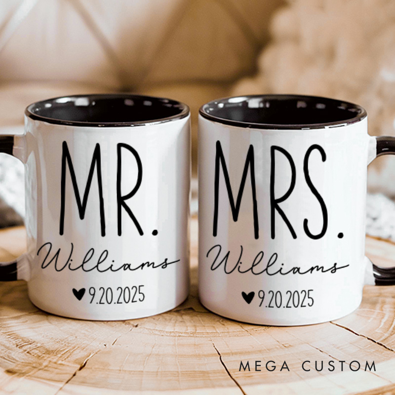 Personalized Couple Classic Mr. and Mrs. Mug with Name and Date Newlywed Mug for Her Him Valentine's Day Mug for Husband Wife Hubby Wifey