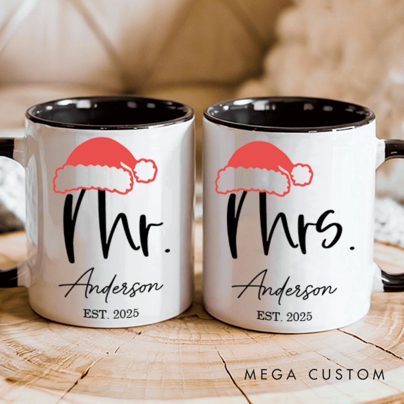 Personalized Couple Elegant Mr. and Mrs. with Christmas Hat Mug Custom Couple Name Xmas Coffee Mug Christmas Mug for Husband Wife Boyfriend Girlfriend
