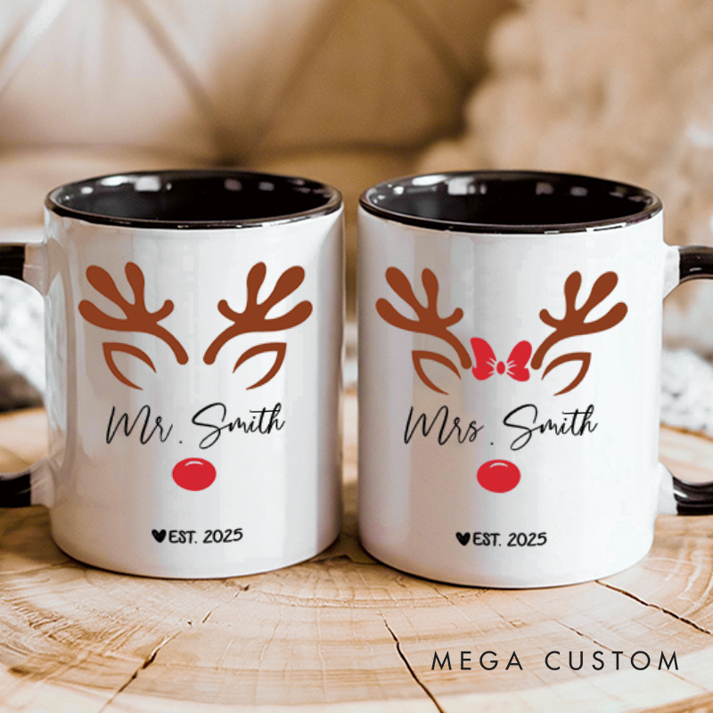 Personalized Couple Mr. and Mrs. with antler Christmas Mug Custom Couple Name Xmas Coffee Mug Christmas Mug for Husband Wife Boyfriend Girlfriend