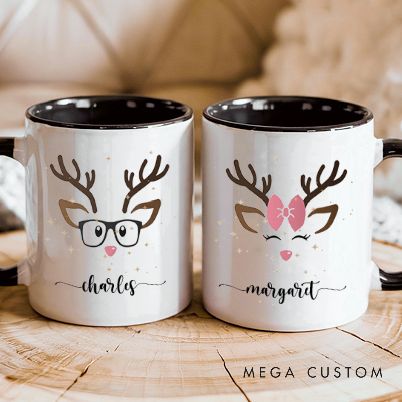 Personalized Couple Cute Christmas Reindeer Mug Custom Couple Name Xmas Coffee Mug Christmas Mug for Husband Wife Boyfriend Girlfriend