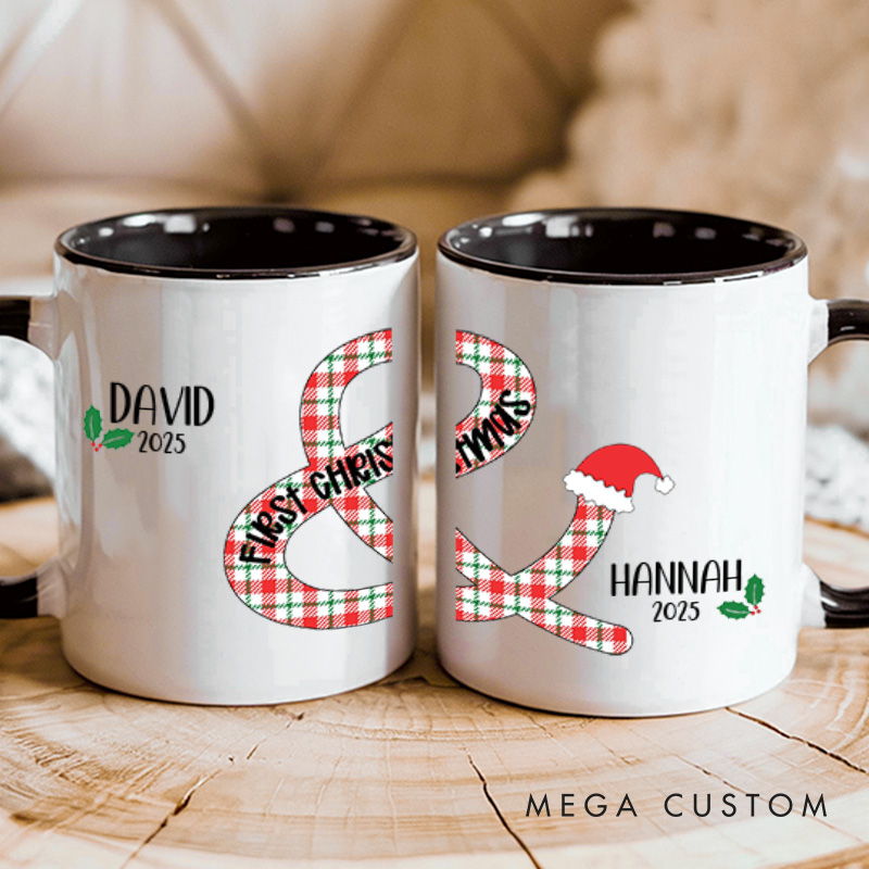Personalized Couple Plaid with Christmas Hat Mug Custom Couple Name Xmas Coffee Mug Christmas Mug for Husband Wife Boyfriend Girlfriend