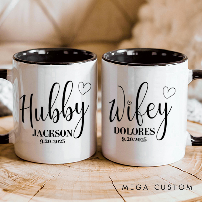 Personalized Couple Hubby and Wifey with Heart Mug Custom Couple Name and Date Mug Valentine's Day Mug for Husband Wife Hubby Wifey