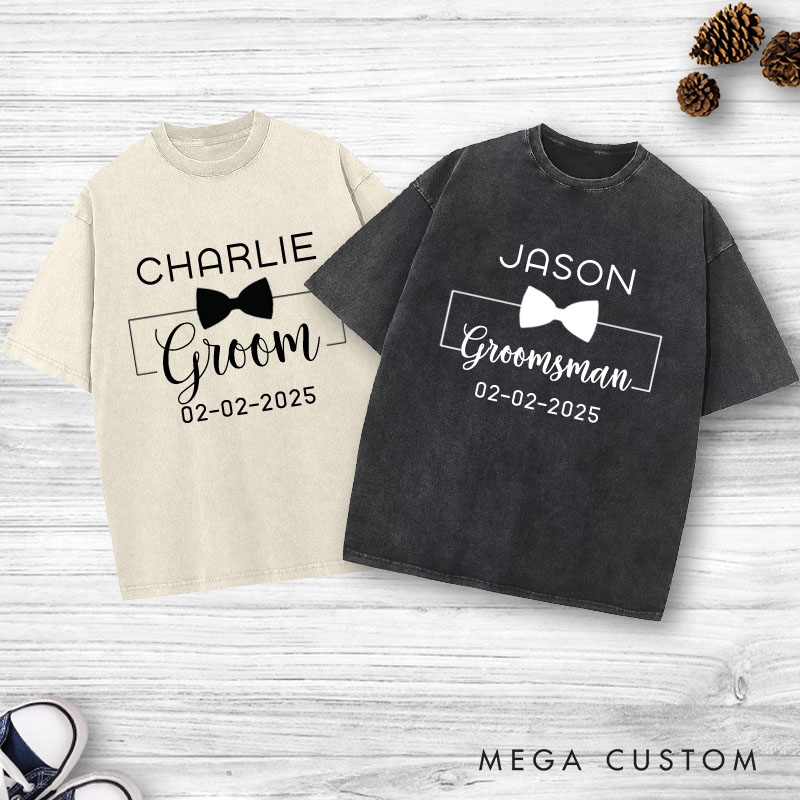 Personalized Groomsman Bachelor Party Washed T-Shirt Groom Wedding Party T-Shirt for Men Retro y2k Washed T-Shirt for Best Man