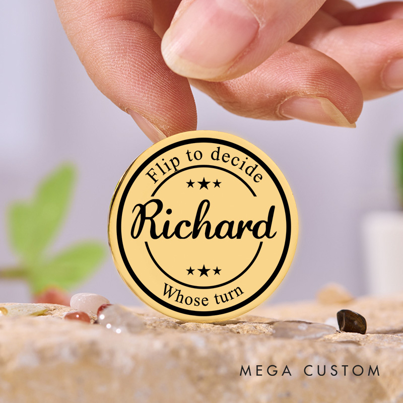 Personalized Couple Name Round Frame Decision Coin Newlyweds Whose Turn Flip to Decide Coin Valentine's Day Gift for Boyfriend Girlfriend Husband Wife