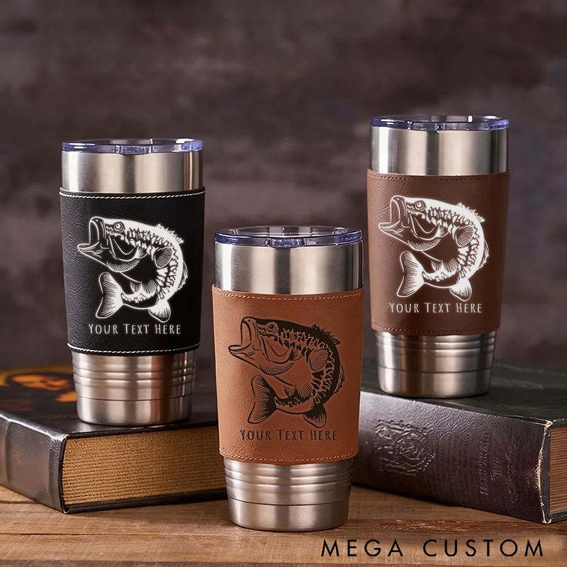 Personalized Fishing Tumbler Bass Fish Tumbler Custom Text Leather Wrap Stainless Steel Insulated Mug Perfect Gift for Fishing Enthusiasts