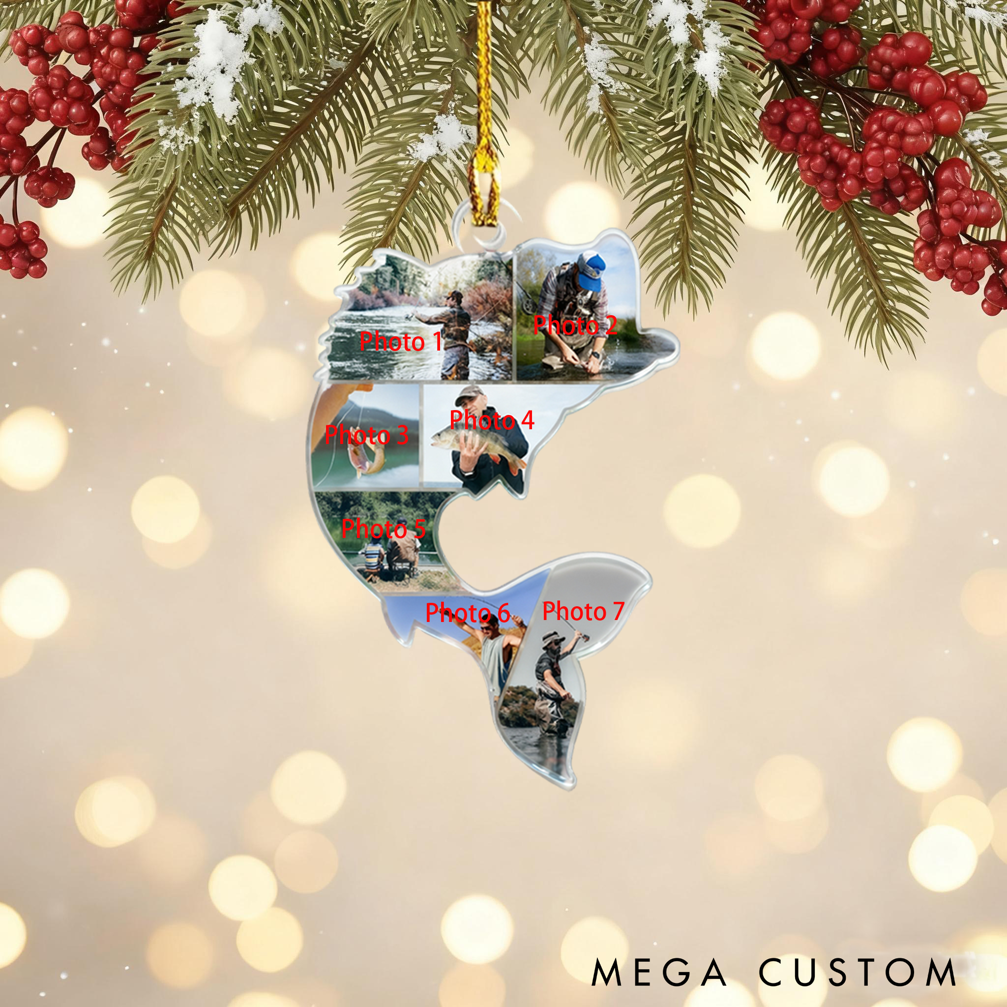 Personalized Fish-Shaped Photo Ornament Fishing Memories Gift High-Quality Material Perfect for Home Decor Christmas or Gifts for Fishing Lover
