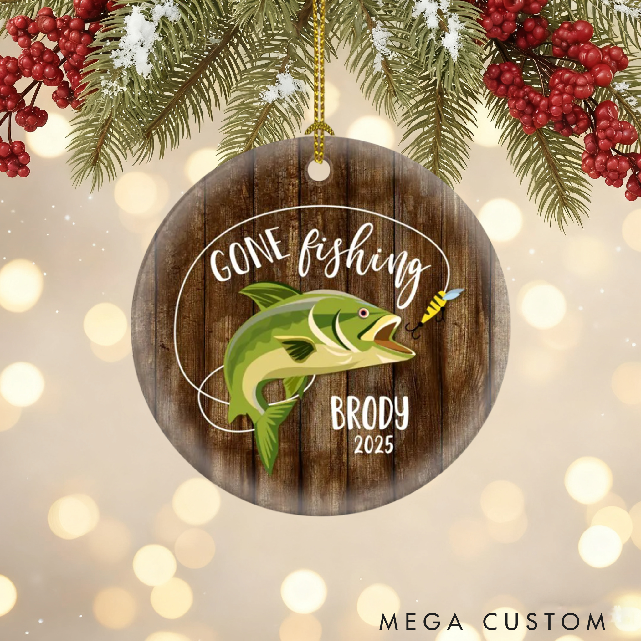 Personalized Fisherman Christmas Ornament Gone Fishing Ornament Bass Fishing Gift Ceramic Christmas Tree Decoration for Fishing Lover
