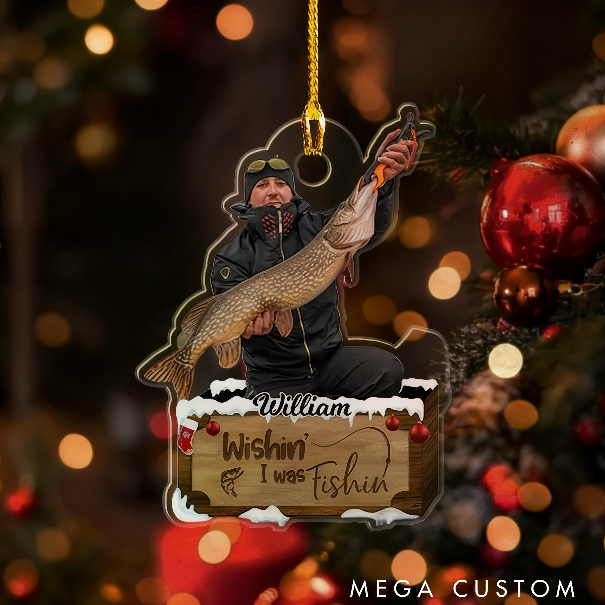 Personalized Fishing Christmas Ornament Custom Photo and Text Perfect Gift for Fishing Lover and Holiday Decor