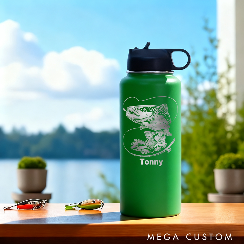 Personalized Fishing Insulated Bottle with Fish Design Stainless Steel Leak-Proof Keeps Drinks Hot or Cold Perfect for Fishing Lover