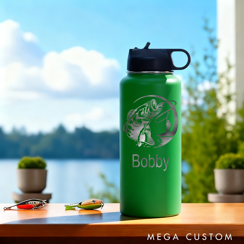 Personalized Stainless Steel Water Bottle Engraved Water Bottle Bass Fishing Bottle Etched Water Bottle With Straw Perfect Gift for Fishing Lover