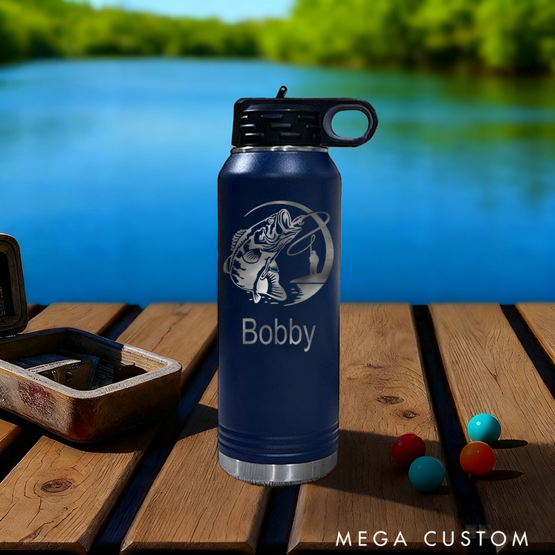 Personalized Stainless Steel Water Bottle Engraved Water Bottle Bass Fishing Bottle Etched Water Bottle With Straw Perfect Gift for Fishing Lover