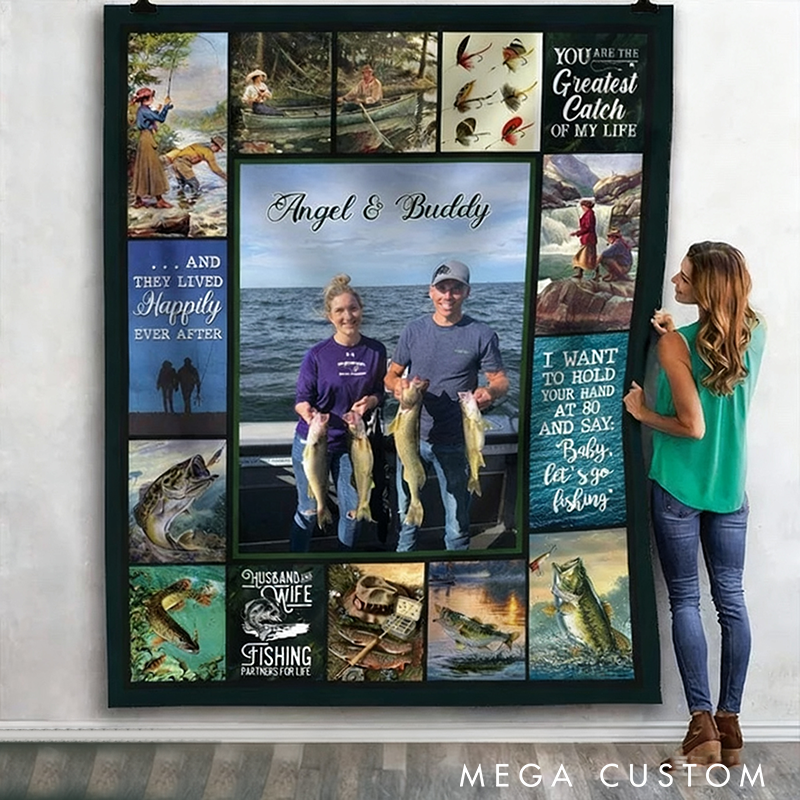 Personalized Fishing Blanket Romantic Gift for Couples Custom Photo and Name Couple Fishing Blanket Perfect Gift for Fishing Lover Ideal for Home Camping or Outdoor Adventures