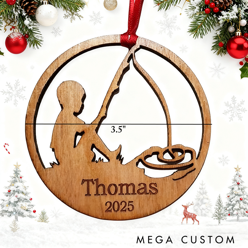 Personalized Christmas Tree Ornament Little Boy Fishing Ornament Wooden Christmas Tree Decoration Unique Gift for Fishing Lover and Nature Lover