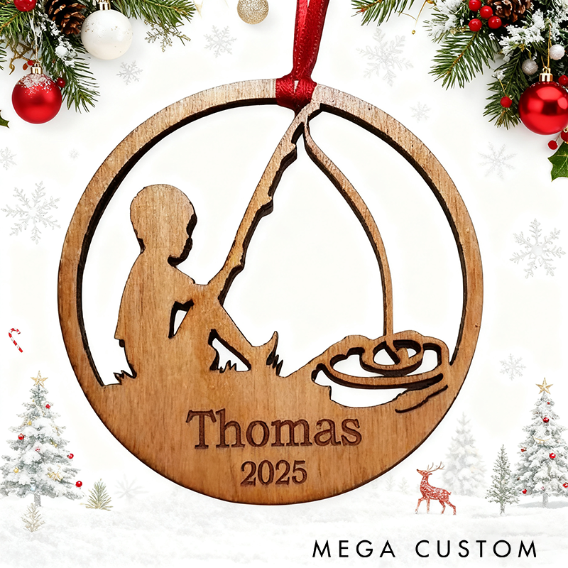 Personalized Christmas Tree Ornament Little Boy Fishing Ornament Wooden Christmas Tree Decoration Unique Gift for Fishing Lover and Nature Lover