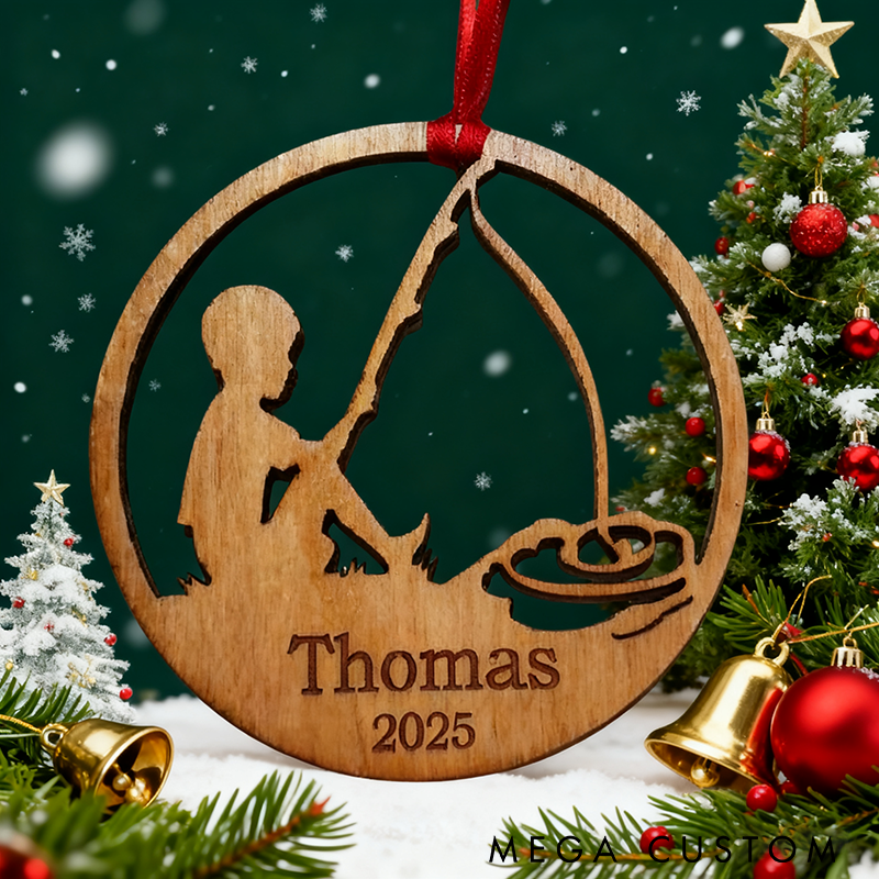 Personalized Christmas Tree Ornament Little Boy Fishing Ornament Wooden Christmas Tree Decoration Unique Gift for Fishing Lover and Nature Lover