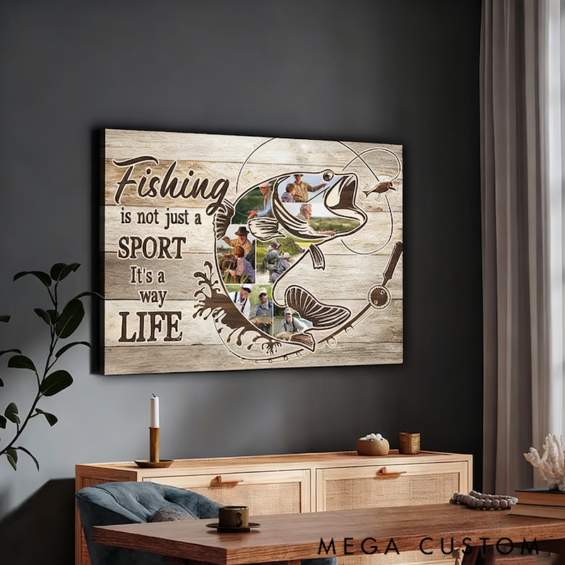 Personalized Fishing Photo Collage Canvas Custom Fisherman Wall Art Unique Fishing Gift for Him Dad Grandpa Husband Fishing Lover
