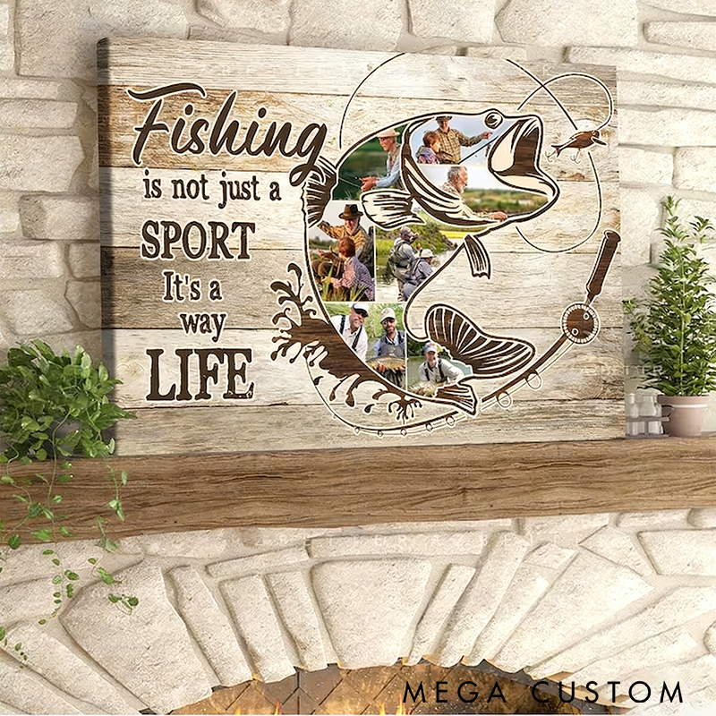 Personalized Fishing Photo Collage Canvas Custom Fisherman Wall Art Unique Fishing Gift for Him Dad Grandpa Husband Fishing Lover