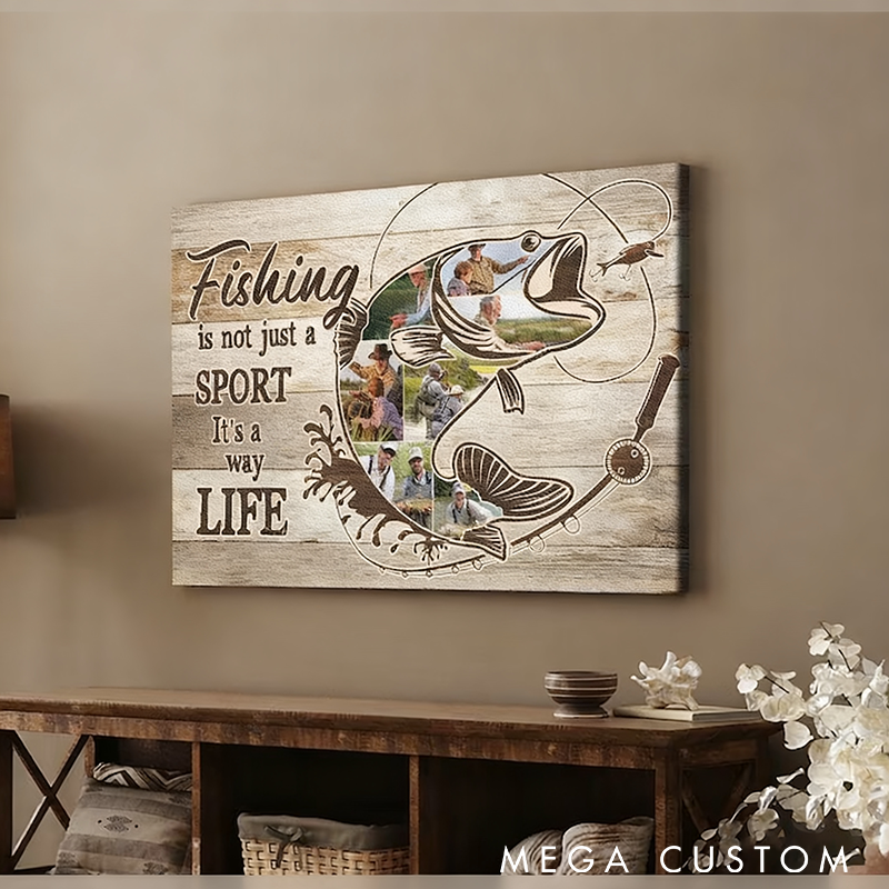 Personalized Fishing Photo Collage Canvas Custom Fisherman Wall Art Unique Fishing Gift for Him Dad Grandpa Husband Fishing Lover