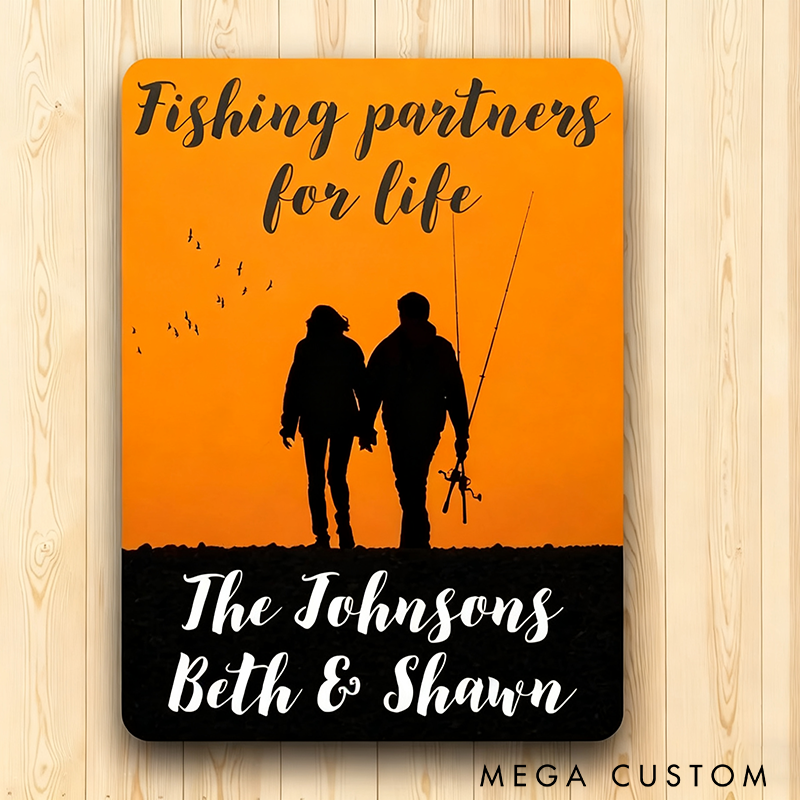 Personalized Fishing Partners for Life Sign Custom Text Metal Plaque Romantic Home Decor Gift for Couples and Fishing Enthusiasts