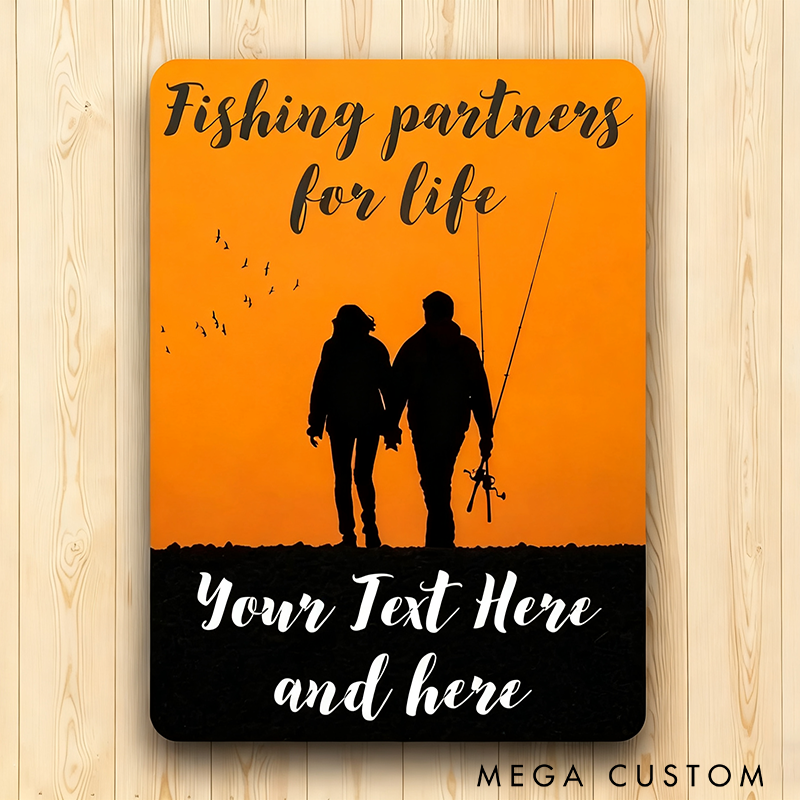 Personalized Fishing Partners for Life Sign Custom Text Metal Plaque Romantic Home Decor Gift for Couples and Fishing Enthusiasts