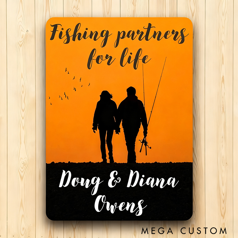 Personalized Fishing Partners for Life Sign Custom Text Metal Plaque Romantic Home Decor Gift for Couples and Fishing Enthusiasts