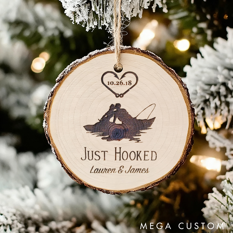 Personalized Fishing Themed Ornament Just Hooked Christmas Ornament Custom Names and Time Perfect for Couples Weddings or Christmas Decorations