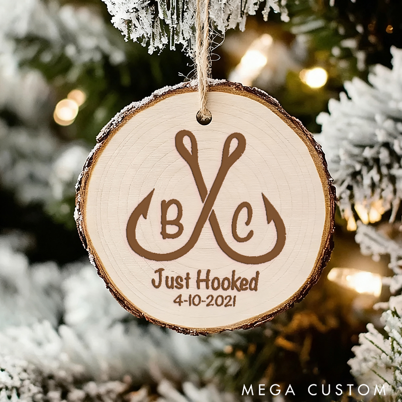 Personalized Fishing Themed Ornament Christmas Ornament Just Hooked Custom Initials and Time Perfect for Couples Weddings or Christmas Decorations