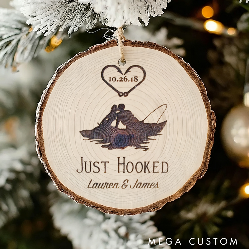 Personalized Fishing Themed Ornament Just Hooked Christmas Ornament Custom Names and Time Perfect for Couples Weddings or Christmas Decorations