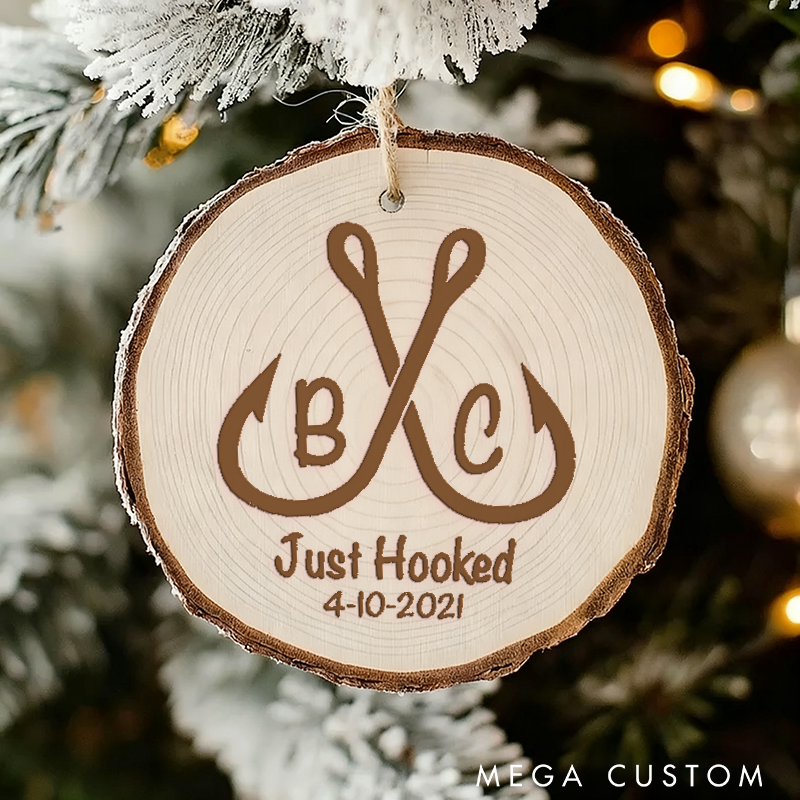 Personalized Fishing Themed Ornament Christmas Ornament Just Hooked Custom Initials and Time Perfect for Couples Weddings or Christmas Decorations