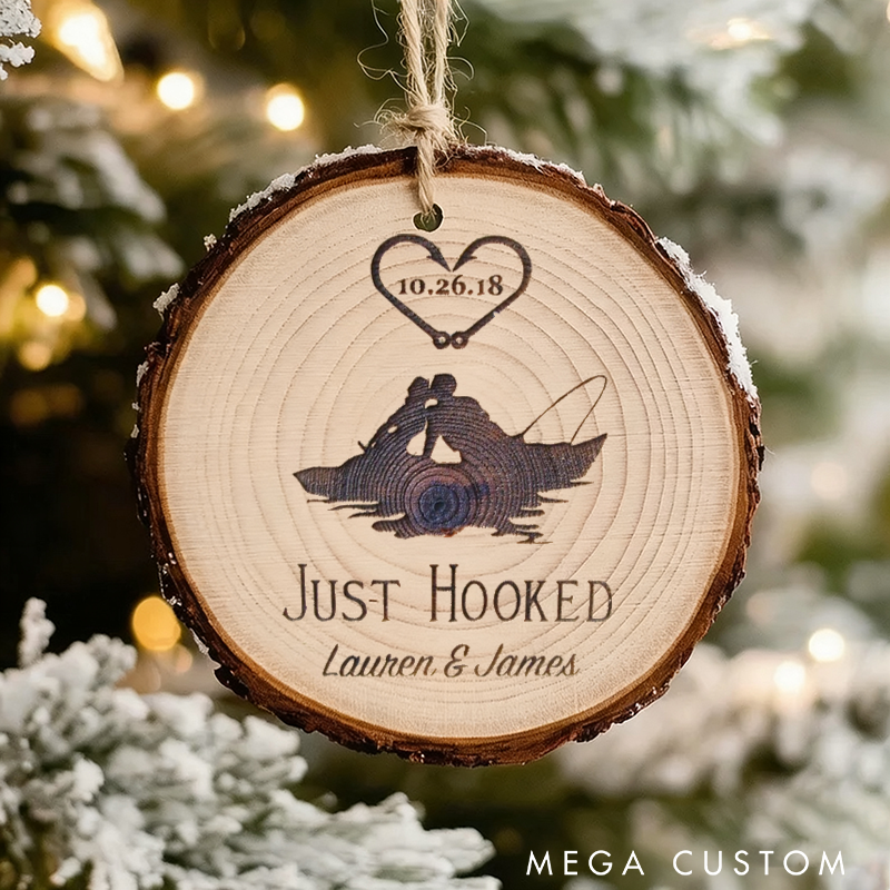 Personalized Fishing Themed Ornament Just Hooked Christmas Ornament Custom Names and Time Perfect for Couples Weddings or Christmas Decorations