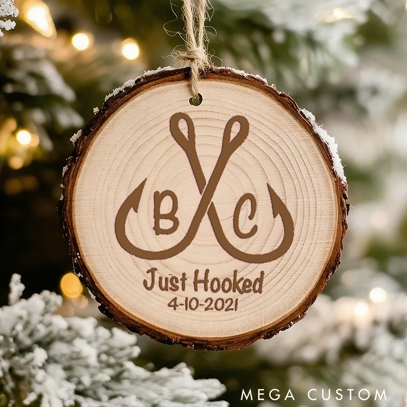 Personalized Fishing Themed Ornament Christmas Ornament Just Hooked Custom Initials and Time Perfect for Couples Weddings or Christmas Decorations