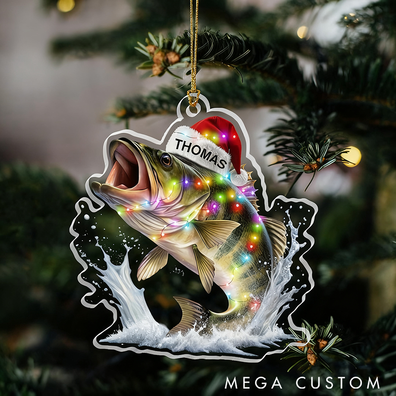 Personalized Fishing Christmas Ornament Christmas Tree Ornament Fishing Fisherman Ornament Custom Name Bass Fish Design with Festive Lights Perfect Gift for Fishing Lovers and Holiday Decor