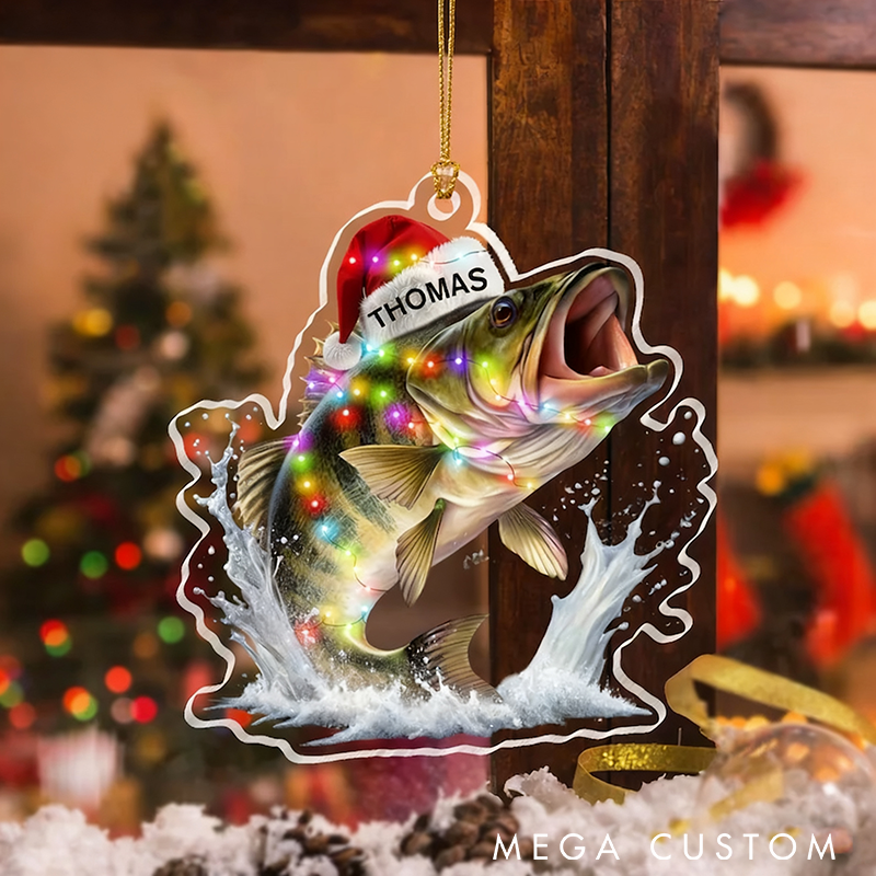 Personalized Fishing Christmas Ornament Christmas Tree Ornament Fishing Fisherman Ornament Custom Name Bass Fish Design with Festive Lights Perfect Gift for Fishing Lovers and Holiday Decor