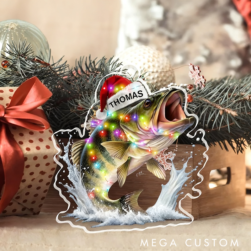 Personalized Fishing Christmas Ornament Christmas Tree Ornament Fishing Fisherman Ornament Custom Name Bass Fish Design with Festive Lights Perfect Gift for Fishing Lovers and Holiday Decor
