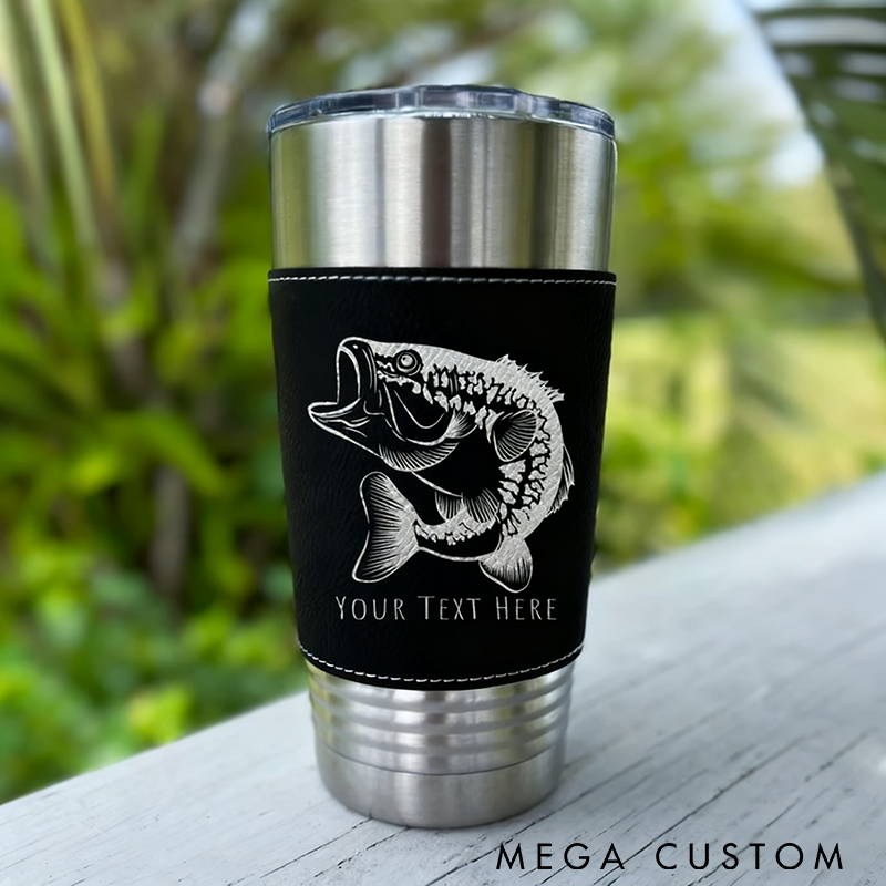 Personalized Fishing Tumbler Bass Fish Tumbler Custom Text Leather Wrap Stainless Steel Insulated Mug Perfect Gift for Fishing Enthusiasts