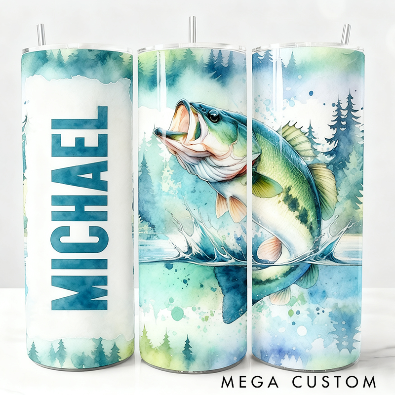 Personalized Fishing Tumbler Watercolor Bass Tumbler Custom Name  Insulated Cup for Hot or Cold Drinks Perfect Gift for Fishing Enthusiasts