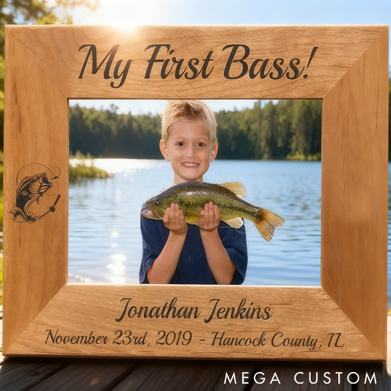 Personalized Fishing Photo Frame Custom Engraved Picture Frame  for First Bass Catch Perfect Gift for Fishing Enthusiasts and Memories