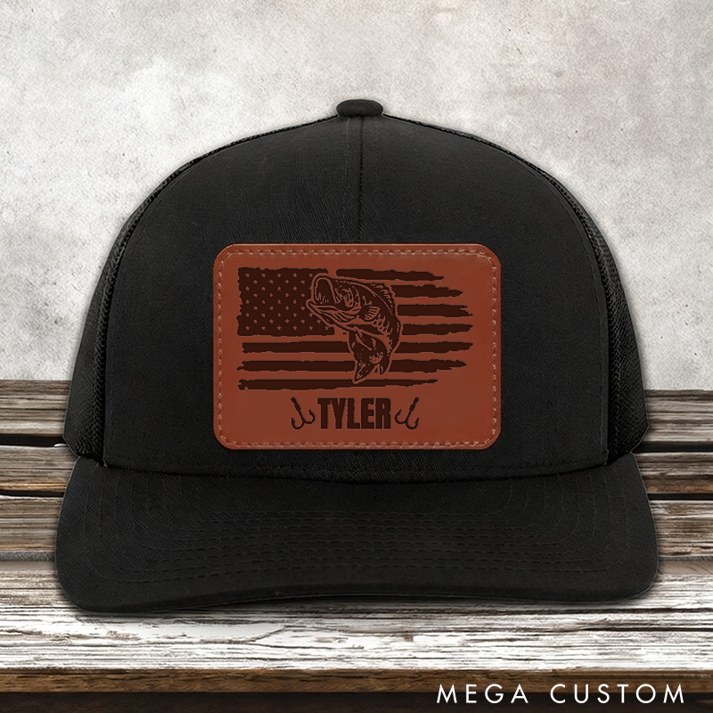Personalized Fishing Hat Bass Fishing Trucker Hat American Flag and Bass Design Custom Name Perfect Gift for Fishing Enthusiasts