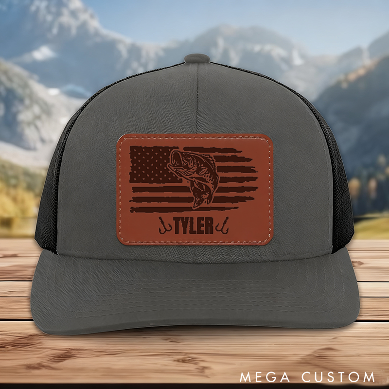 Personalized Fishing Hat Bass Fishing Trucker Hat American Flag and Bass Design Custom Name Perfect Gift for Fishing Enthusiasts